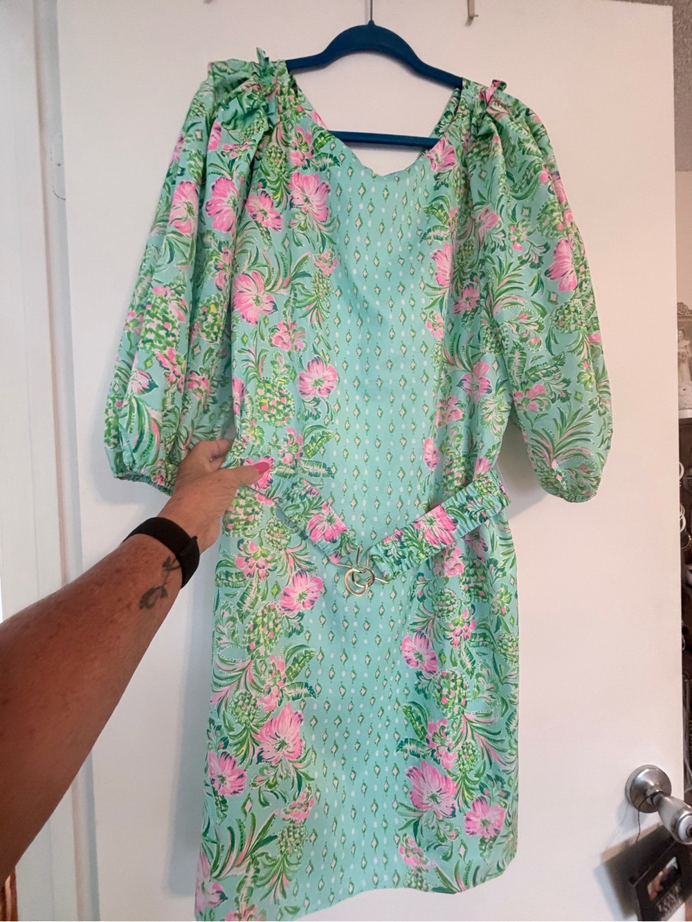 Lilly Pulitzer Mint Green Midi Dress with Pink Floral Print